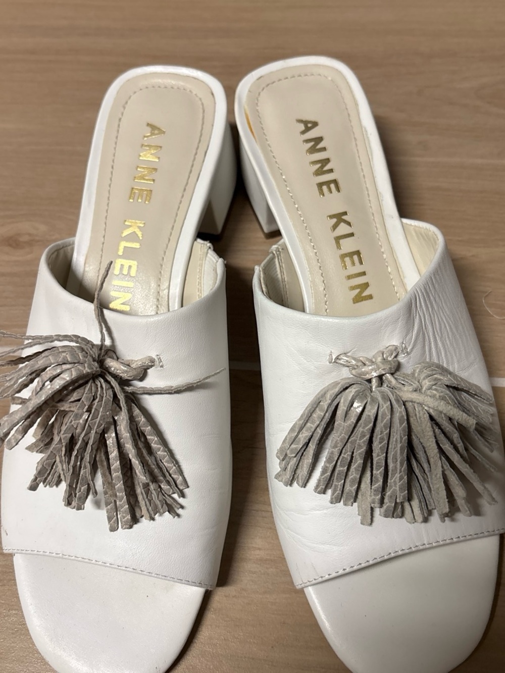 Anne Klein White Slide Mules with Taupe Tassels